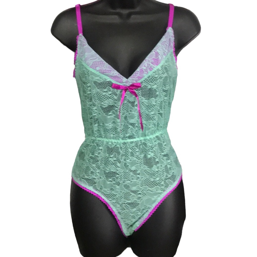 Mint Green Lace Teddy/Body Suit w/Magenta Trim S/M